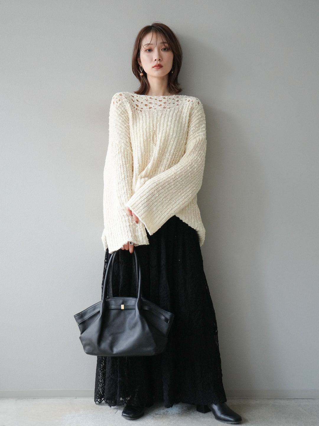 [予約]ボートネック透かし編みニットプルオーバー/white