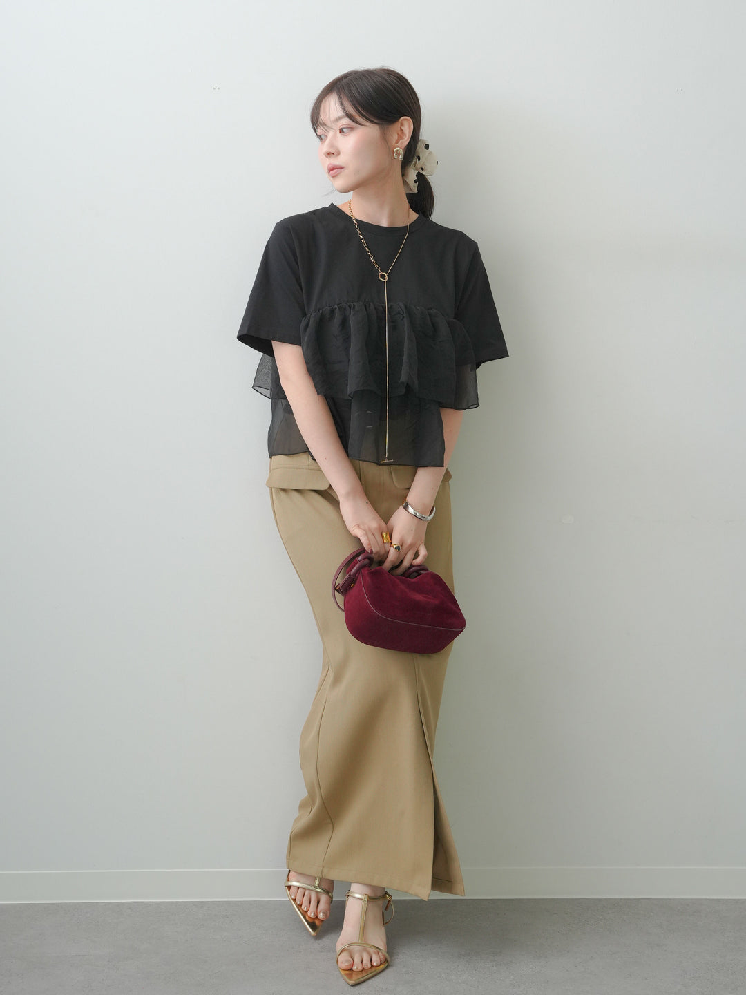 [SET]オーガンジーフリルドッキングTEE+クレープデシンフラップ付きストレートスカート(2set)