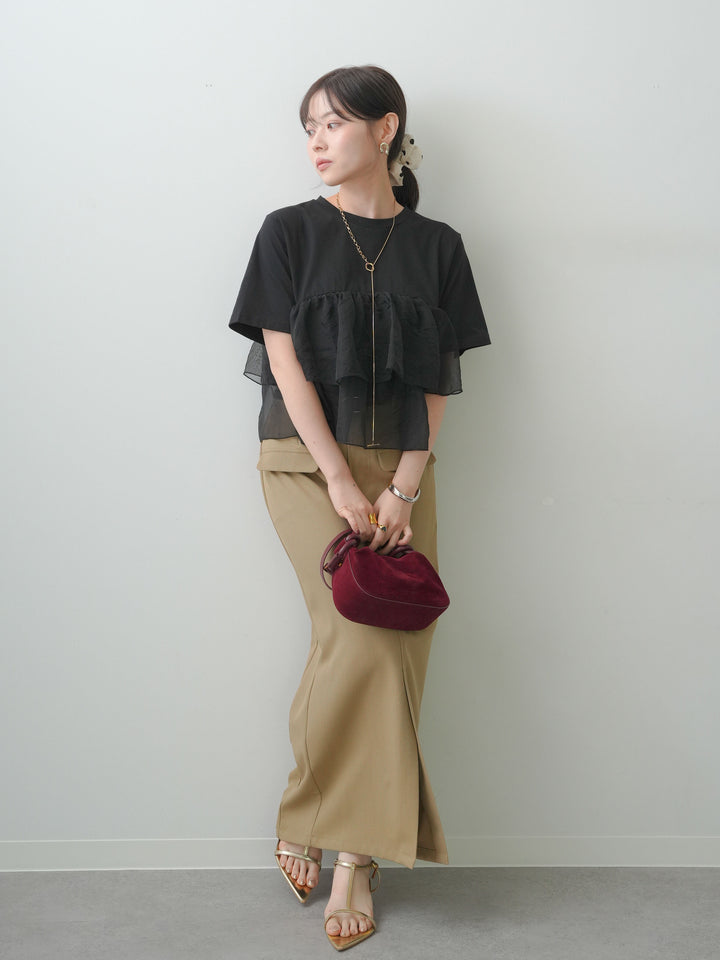 [SET]オーガンジーフリルドッキングTEE+クレープデシンフラップ付きストレートスカート(2set)
