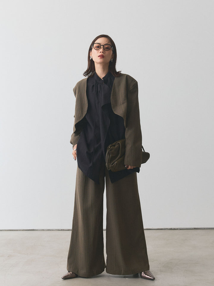 【Allure】[SET]ヘリンボーンショートジャケット＆ワイドパンツSET UP+ピーチスキンデザインネックオーバーシャツ(2set)