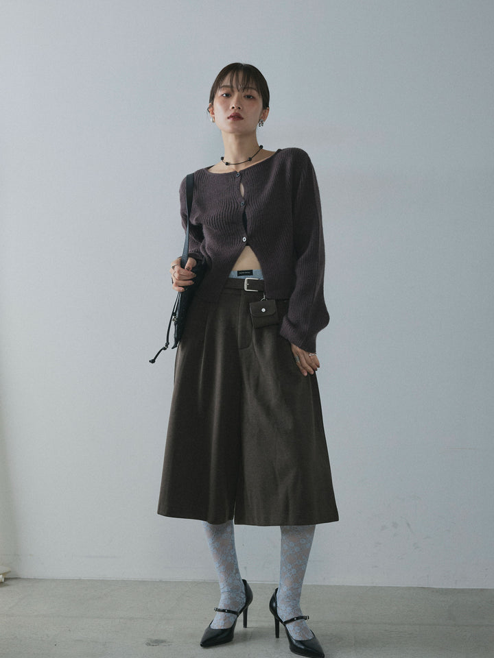 【Allure】[SET]デザインショートニットカーディガン+ベルト付ウールタッチミディアムパンツ(2set)