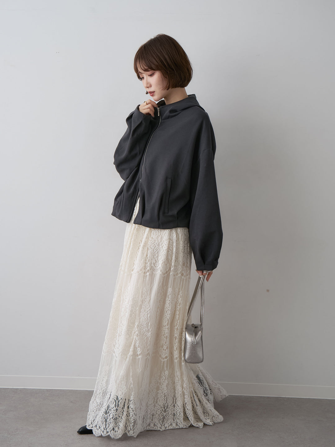 [予約]タックギャザースウェットフーディー/darkgray