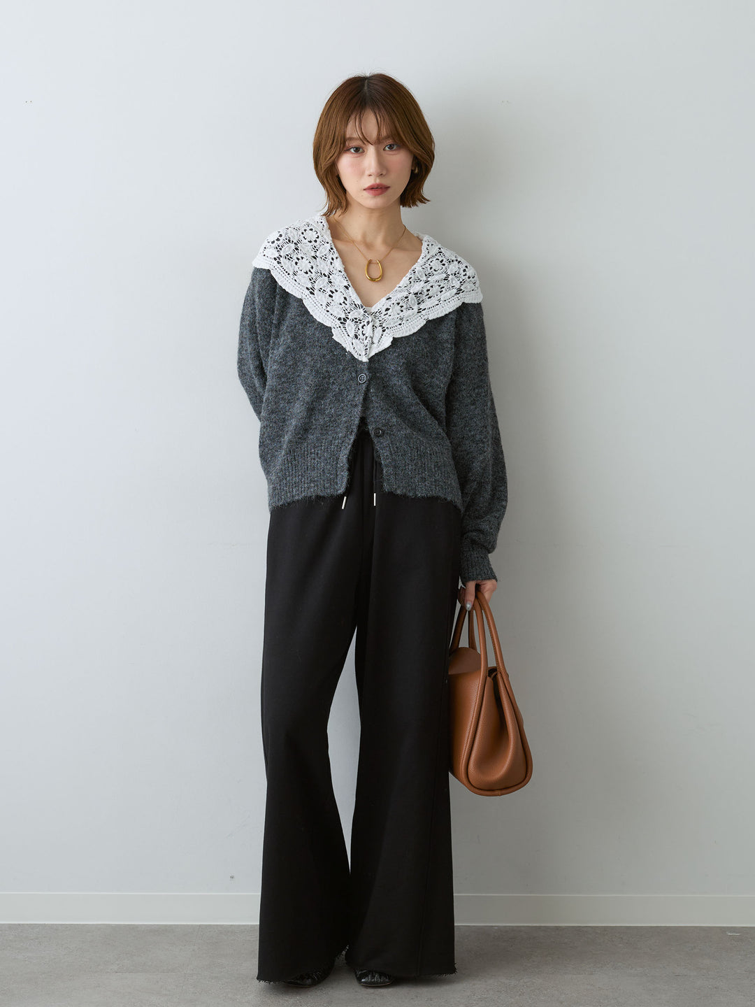 [SET]モヘアレースショールカラーカーディガン+カットオフスウェットワイドパンツ(2set)