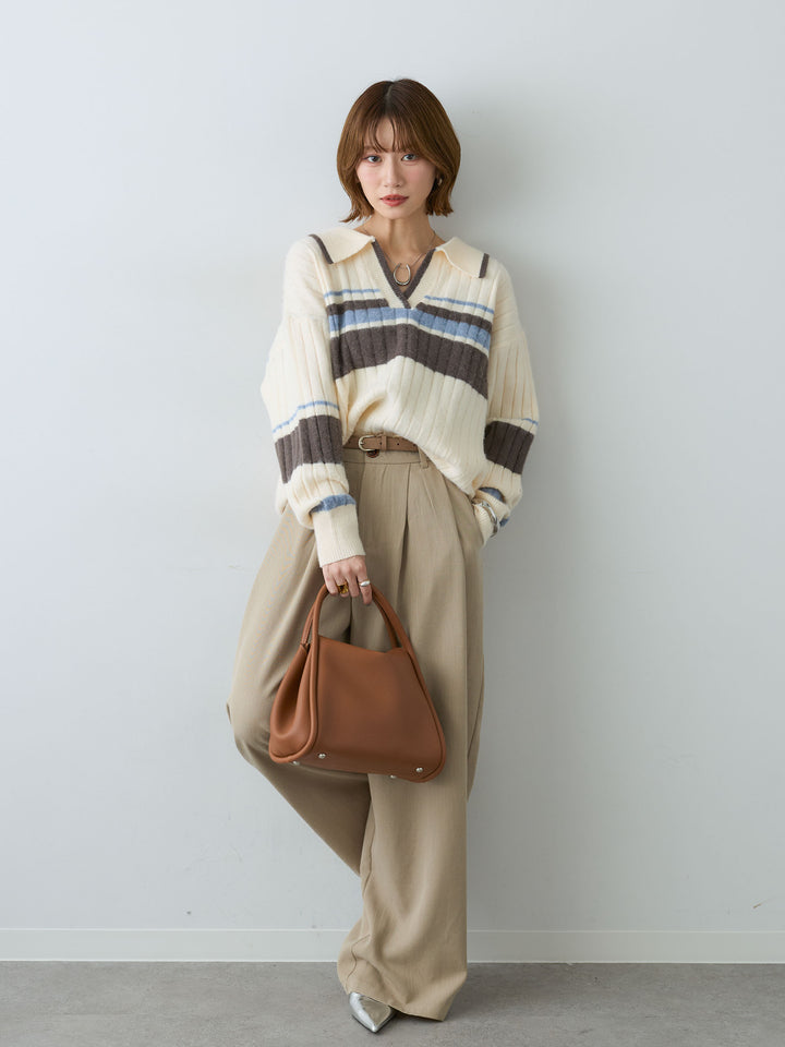 [予約]マルチボーダー起毛スキッパーニットトップス/ivory