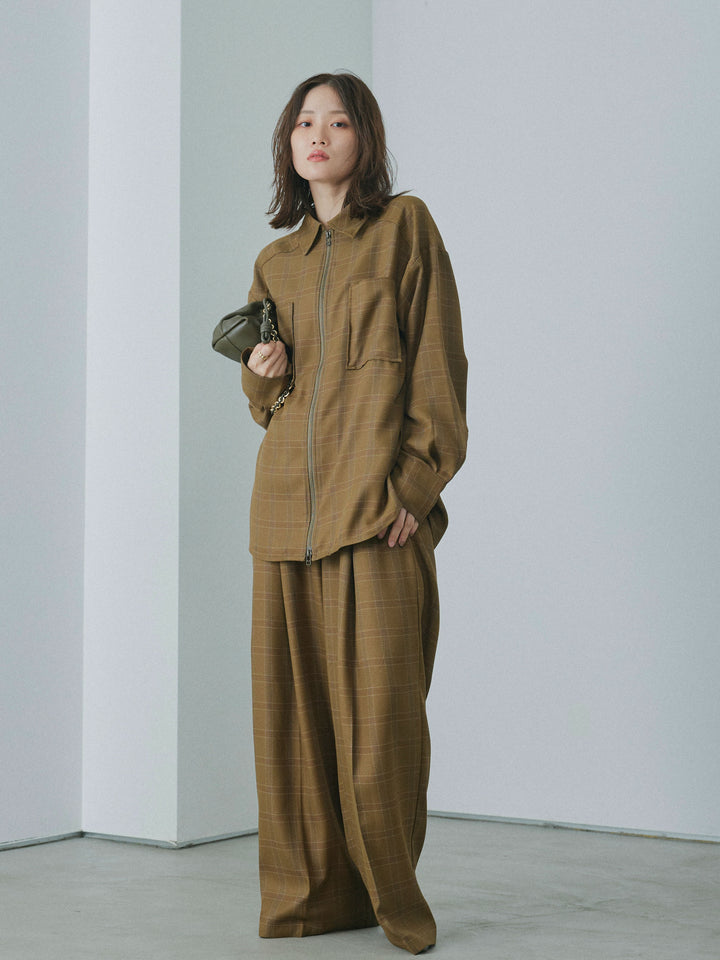【Allure】[SET]杢チェックZIPシャツジャケット+杢チェックタックパンツ(2set)