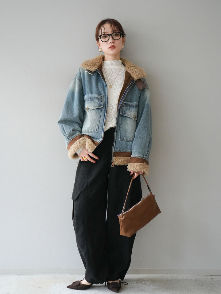 [予約]スタンドカラーファー×デニムジャケット/lightblue