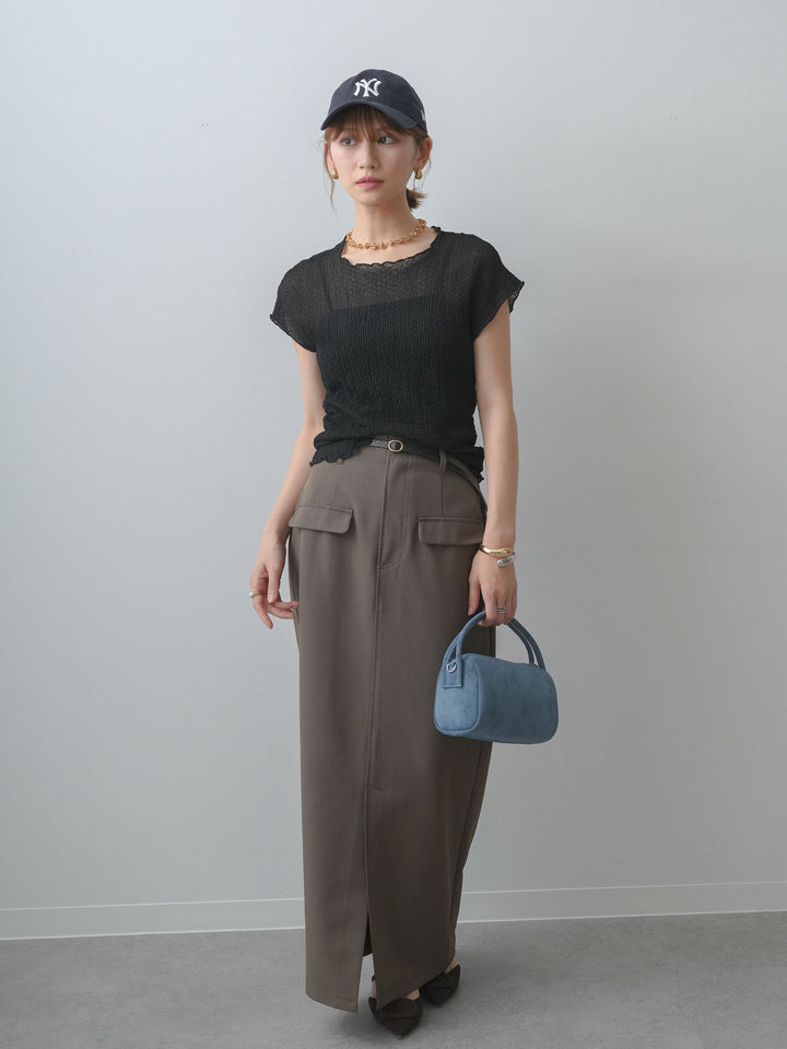 [SET]シャーリングシアーバックオープンフレンチトップス+クレープデシンフラップ付きストレートスカート(2set)