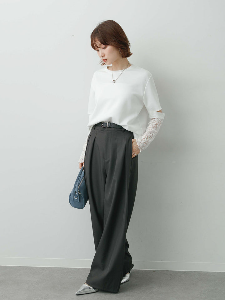 [SET]レーススリーブトップス+ツイルタックワイドパンツ(2set)