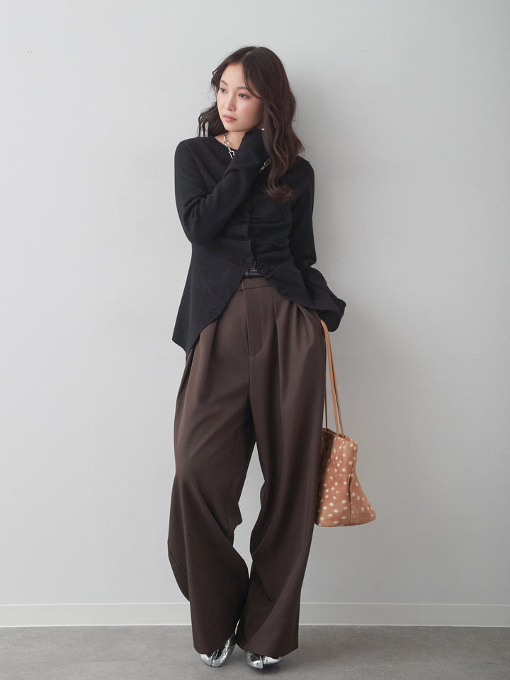 [SET]フロントギャザーカーディガン+ツイルタックワイドパンツ(2set)