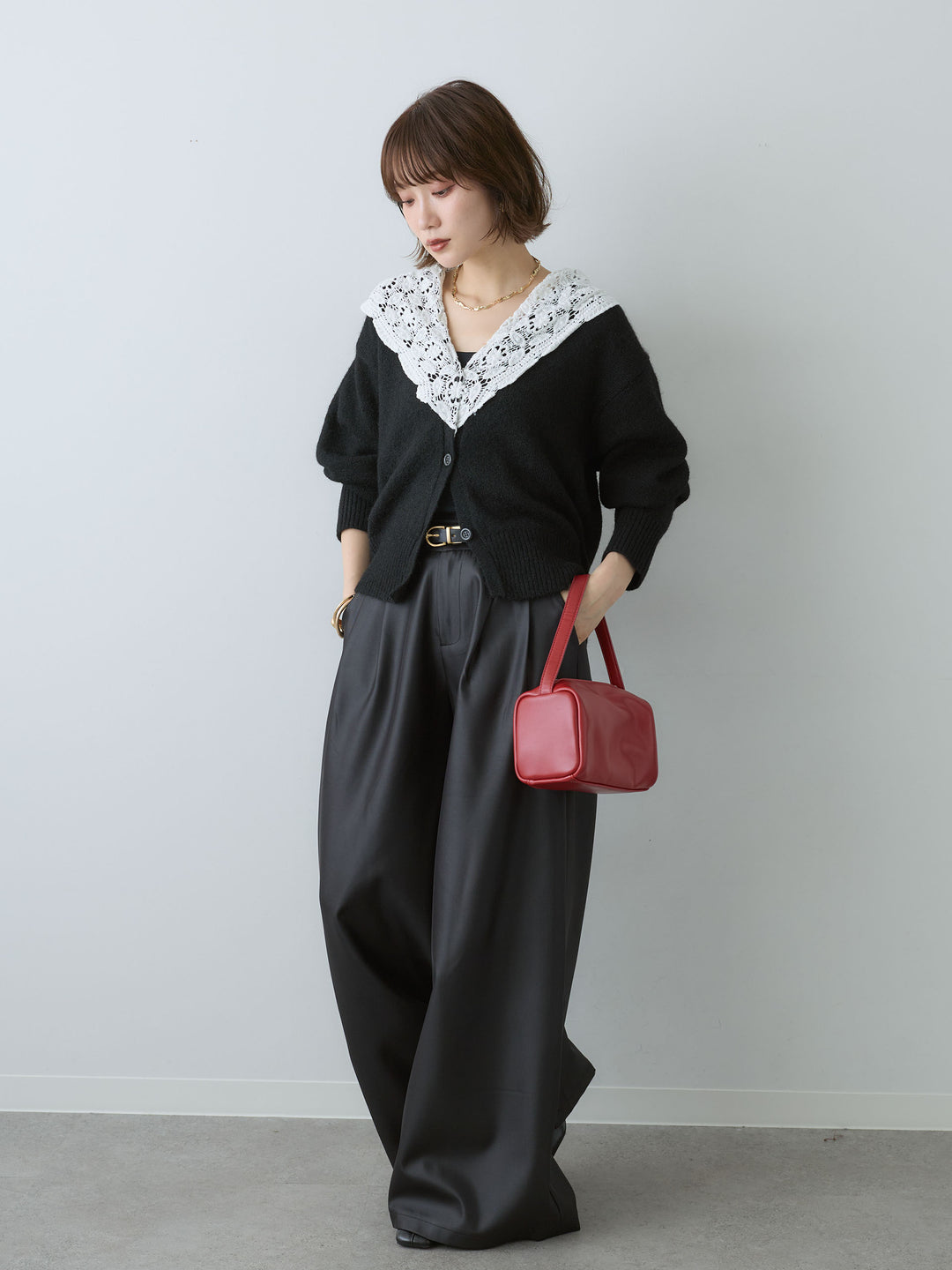 [SET]モヘアレースショールカラーカーディガン+サテンタックワイドパンツ(2set)