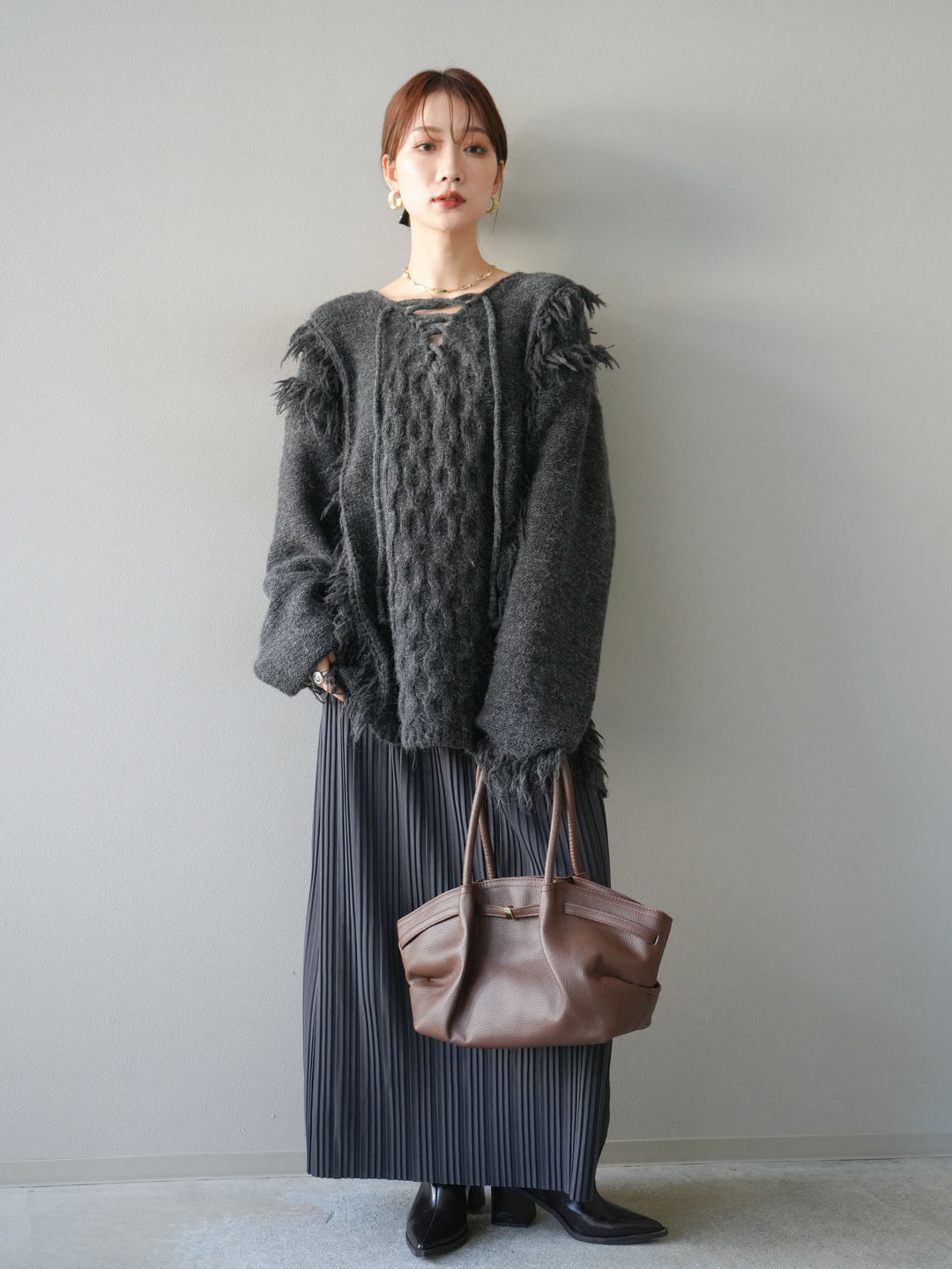 [予約]レースアップフリンジニットプルオーバー/gray