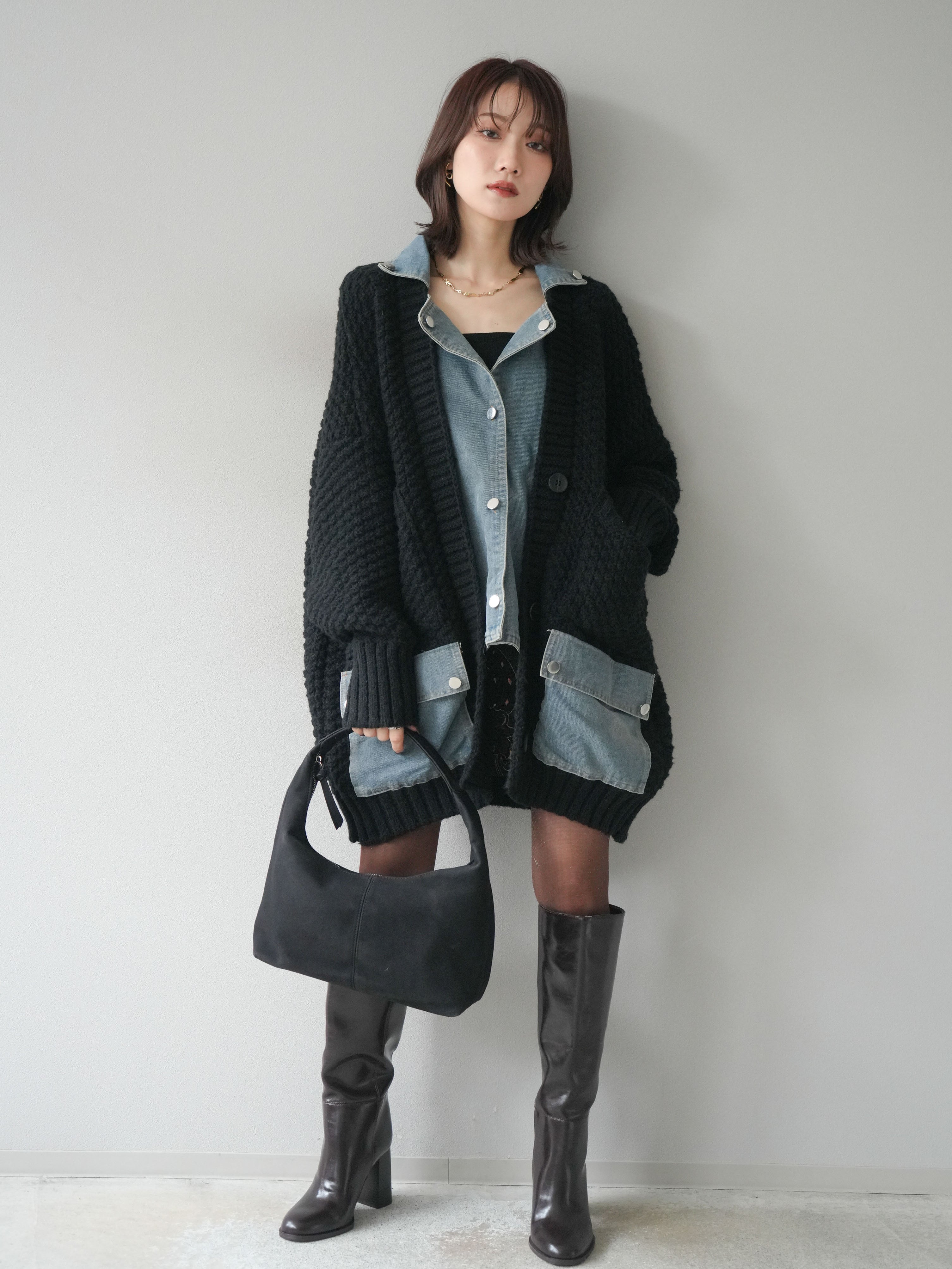 予約]デニム襟レイヤードニットジャケット/black – Lumier