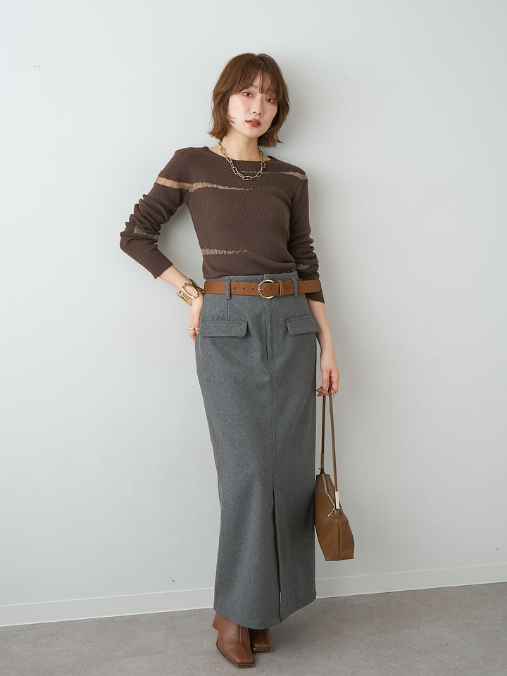[SET]クラッシュデザインニットトップス+メルトンフラップ付ストレートスカート(2set)