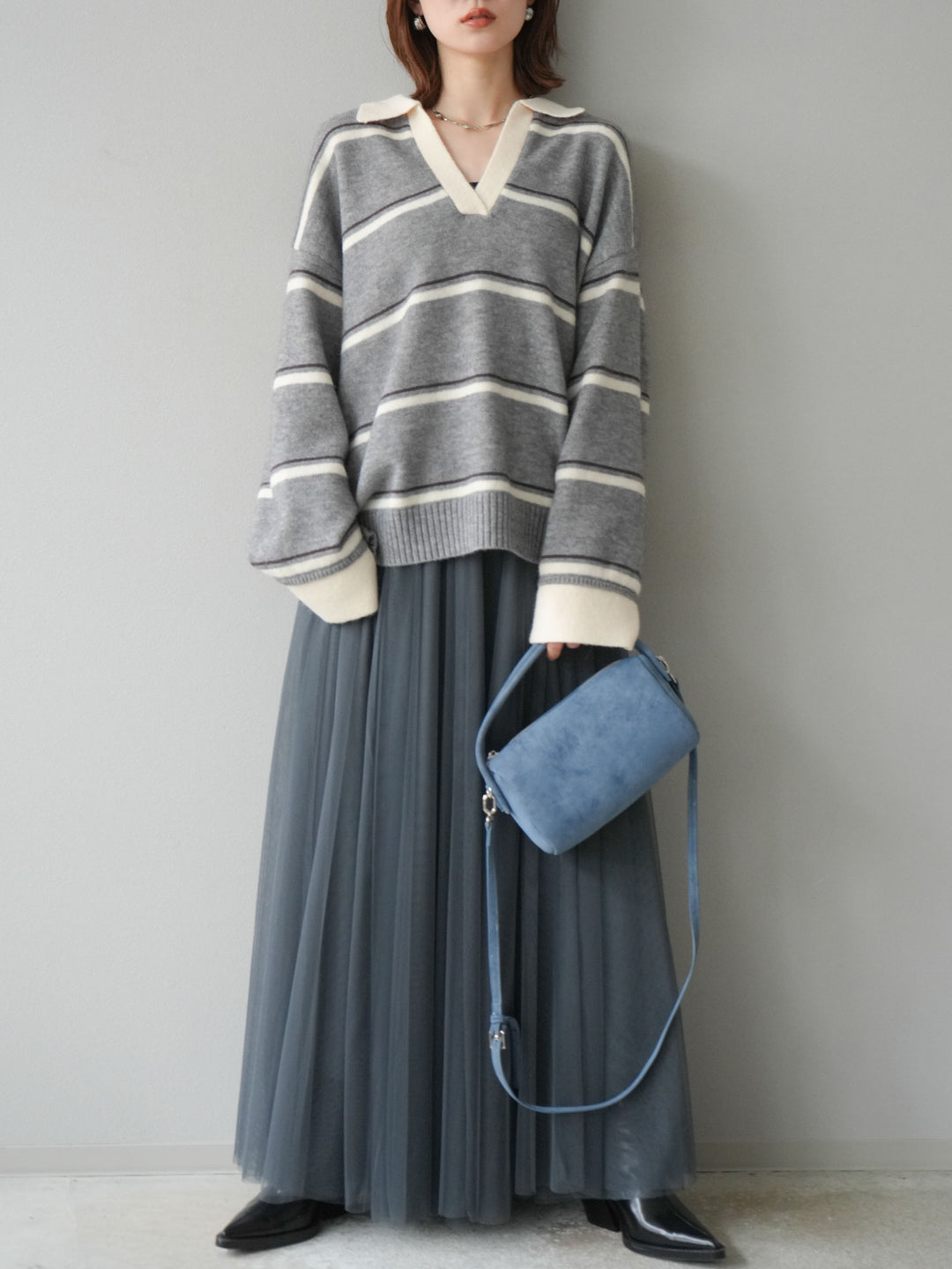 [SET]ポロ襟スキッパーボーダーニットプルオーバー+チュールボリュームスカート(2set)