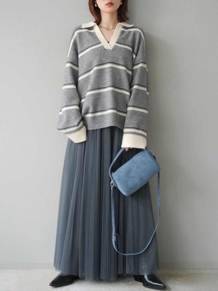 [SET]ポロ襟スキッパーボーダーニットプルオーバー+チュールボリュームスカート(2set)
