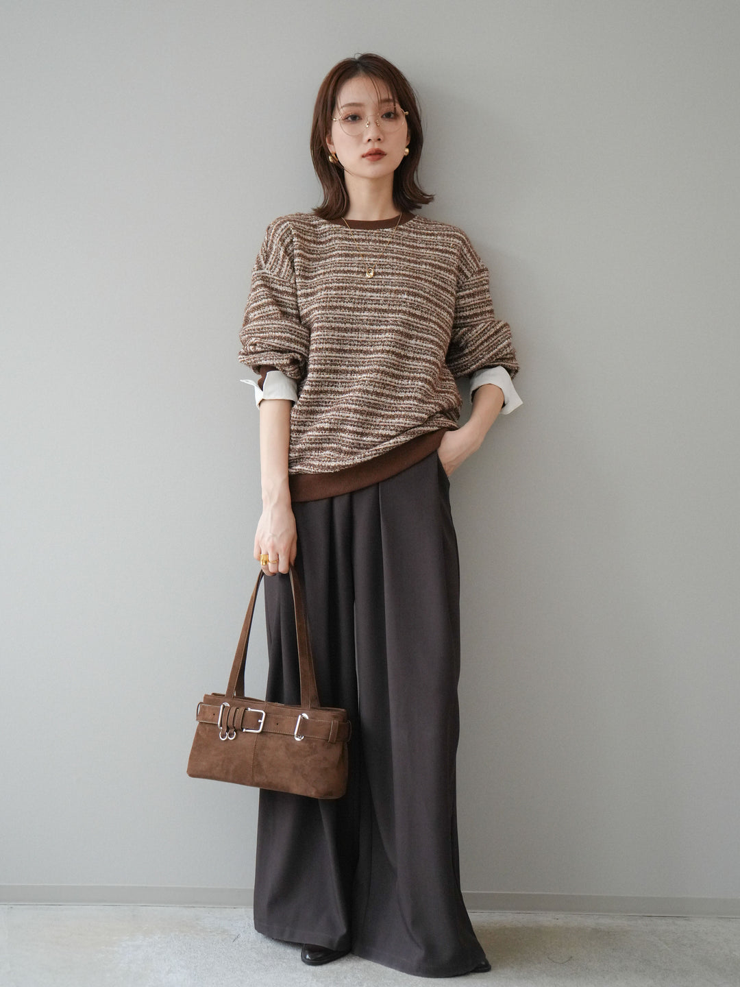 [予約]MIXツイードライクカフスドッキングプルオーバー/brown