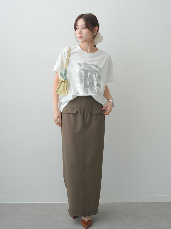 [SET]クールタッチアートロゴオーバーTEE+クレープデシンフラップ付きストレートスカート(2set)