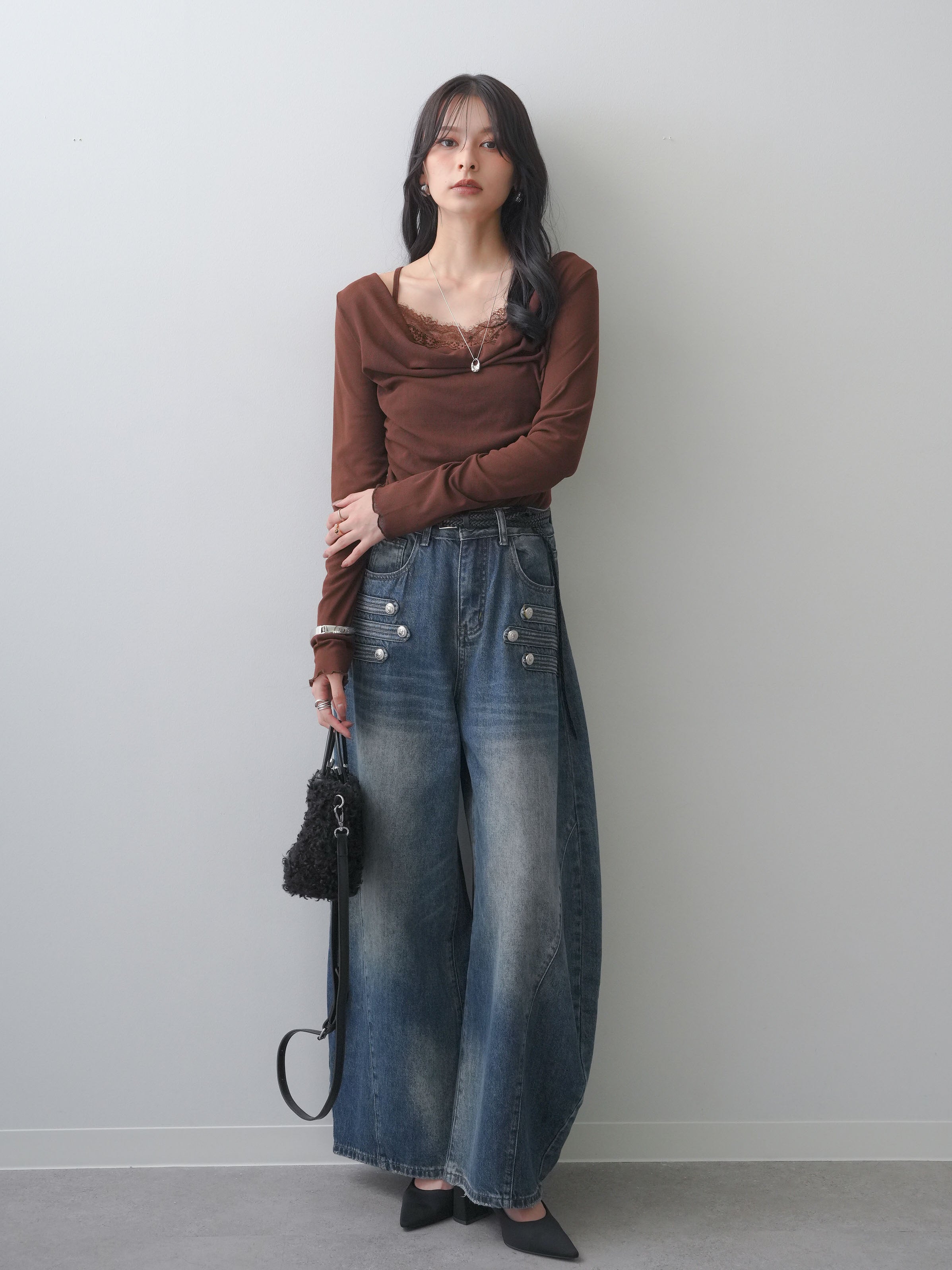 予約]レースレイヤードデザインドレープシアートップス/brown – Lumier