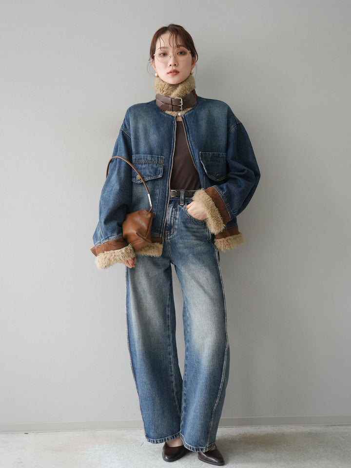 [予約]スタンドカラーファー×デニムジャケット/blue