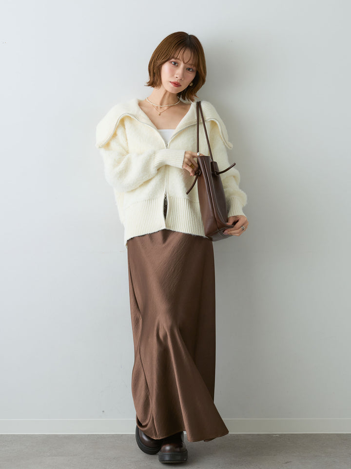 [SET]ビッグカラーシャギーニットブルゾン+サテンIラインスカート(2set)
