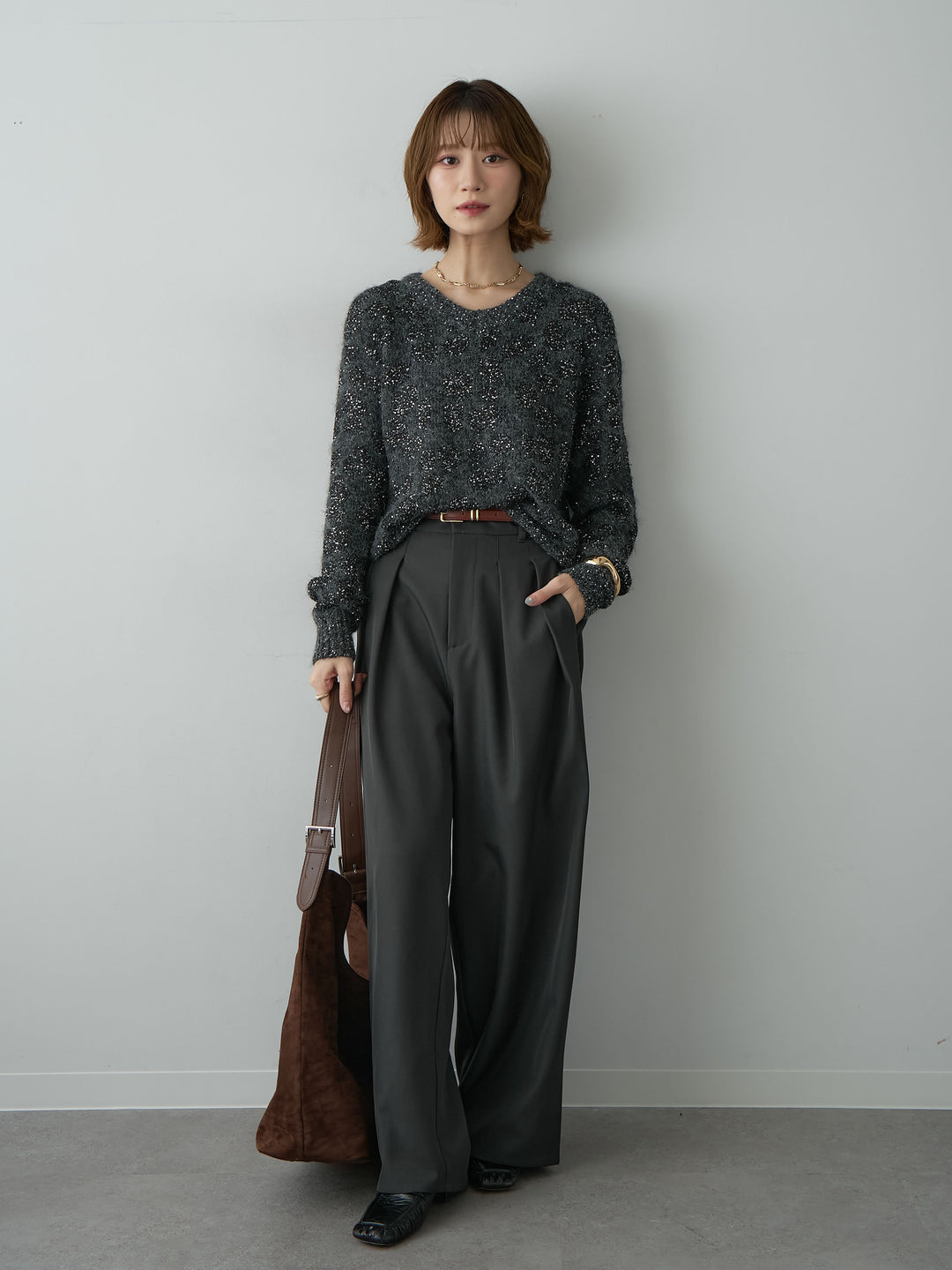 [予約]レオパードスパンコールニットトップス/gray