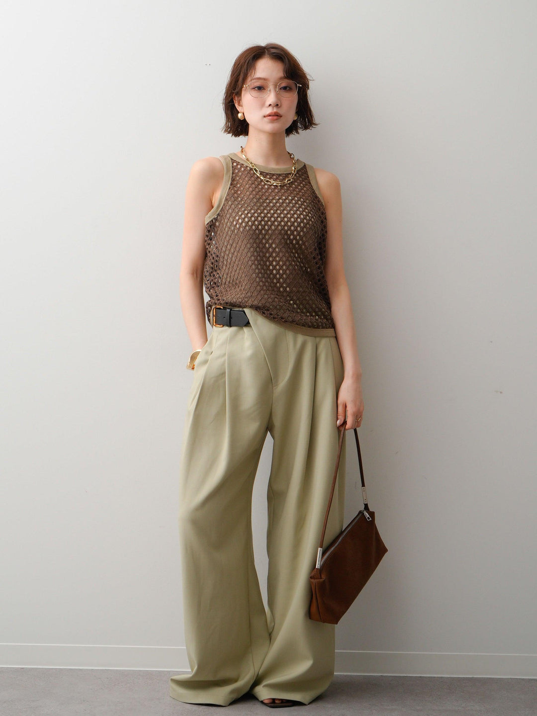 [予約]リブトリムメッシュアメスリトップス/brown