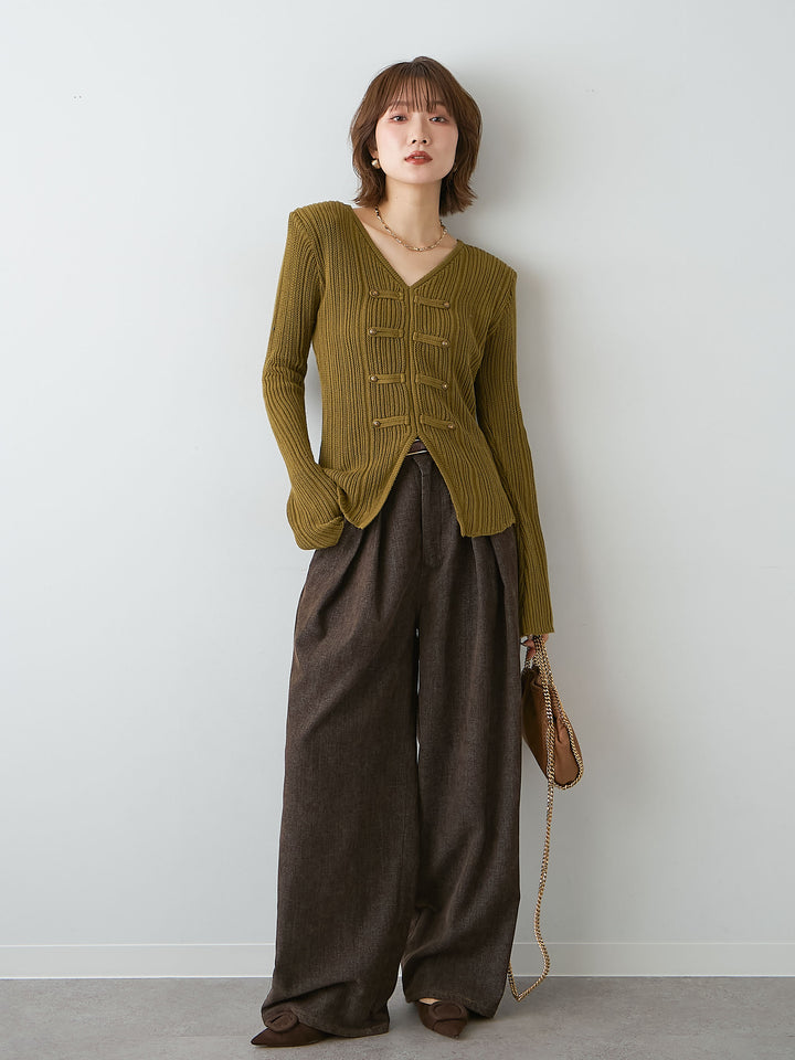 [SET]ナポレオンVネックリブニットトップス+選べるアクセセット(2set)