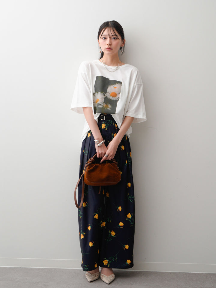 [SET]フラワーフォトTEE+フラワープリントドレープタックパンツ(2set)