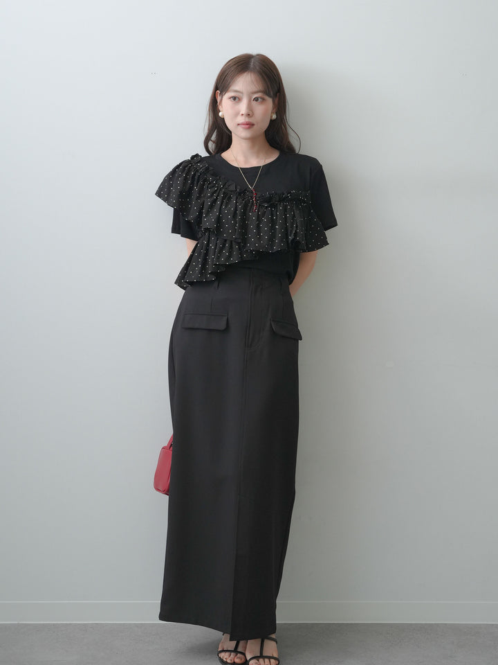 [SET]ドットギャザーフリルデザインTEE+クレープデシンフラップ付きストレートスカート(2set)