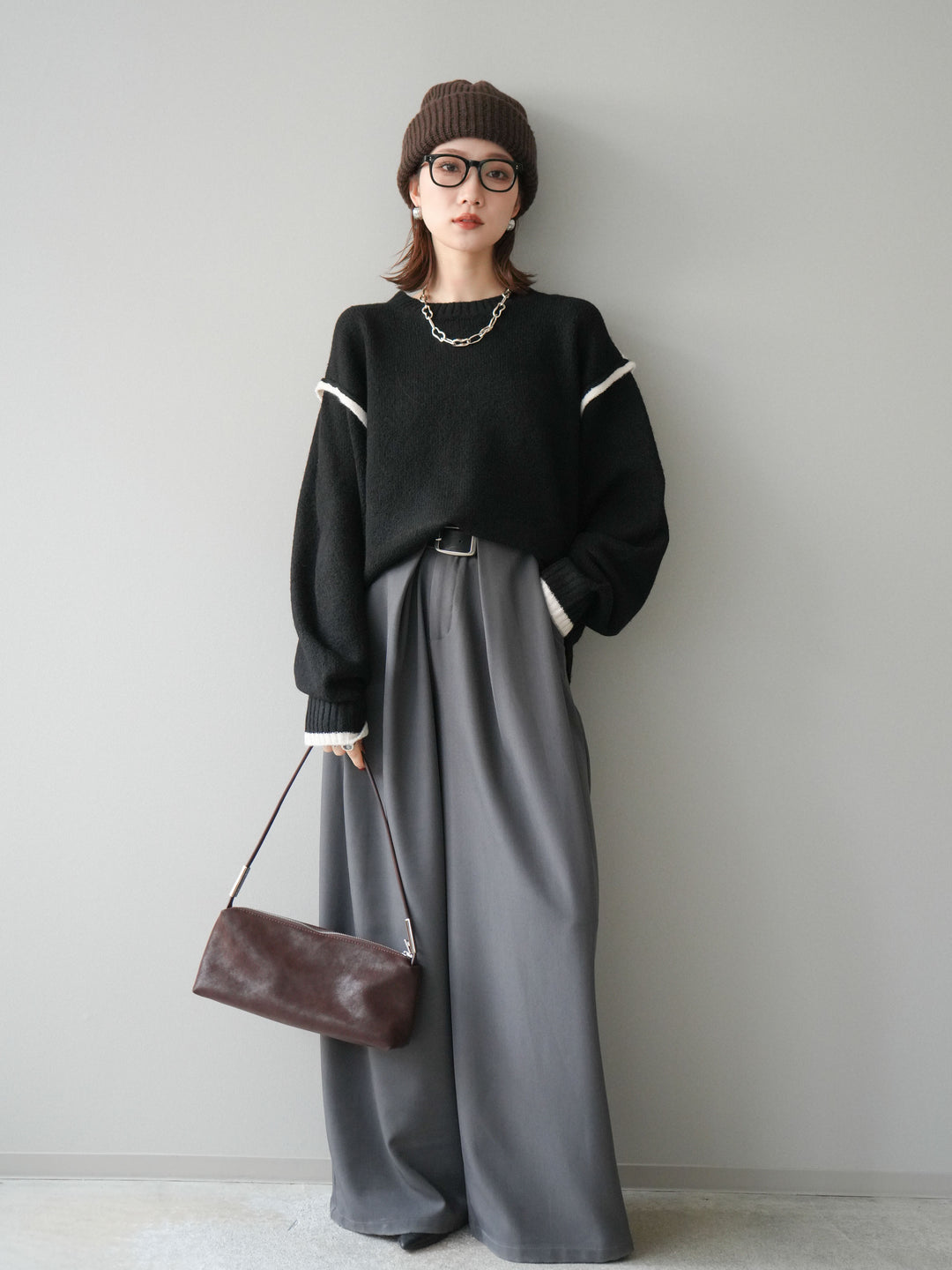 [予約]バイカラーパイピングニットプルオーバー/black