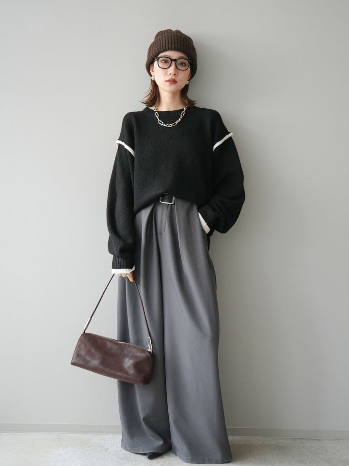 [予約]バイカラーパイピングニットプルオーバー/black