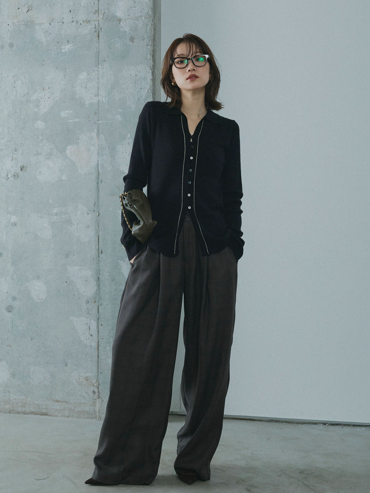 【Allure】[SET]リブ配色ラインポロニットカーディガン+杢チェックタックパンツ(2set)