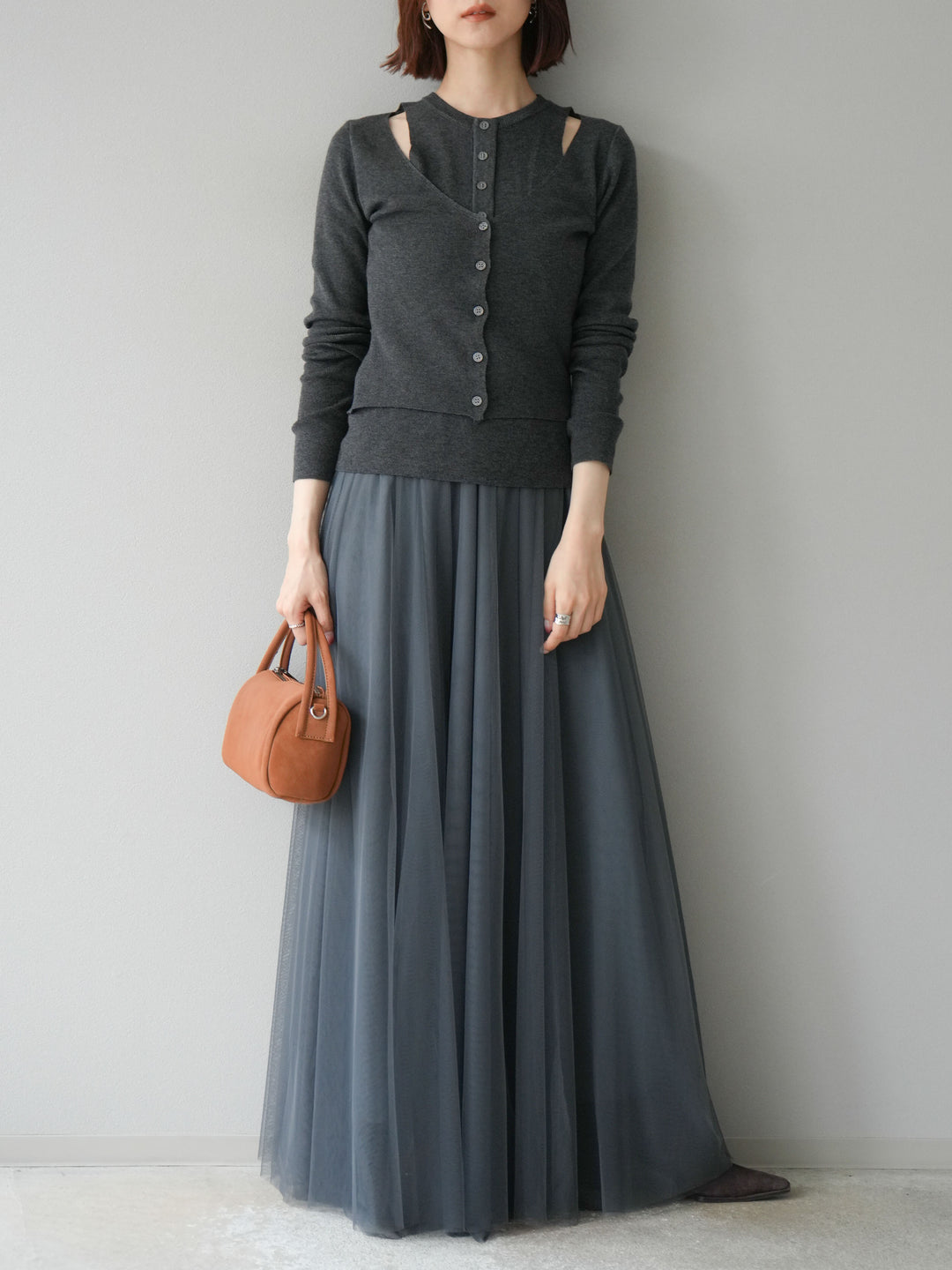 [予約]レイヤードデザインニットカーディガン/チャコール