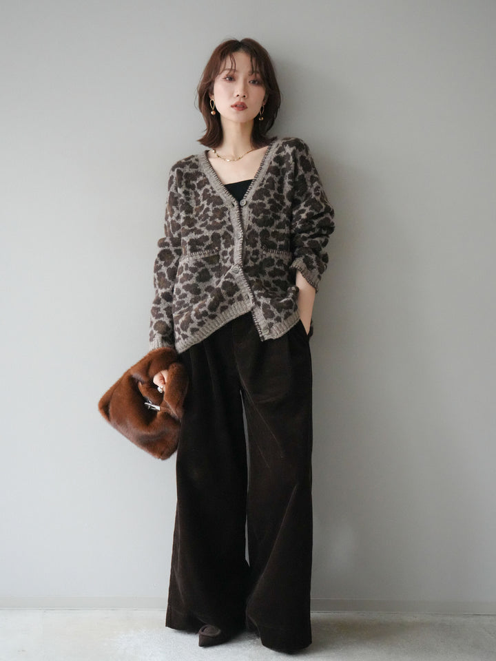 [予約]アニマル柄ステッチニットカーディガン/khaki