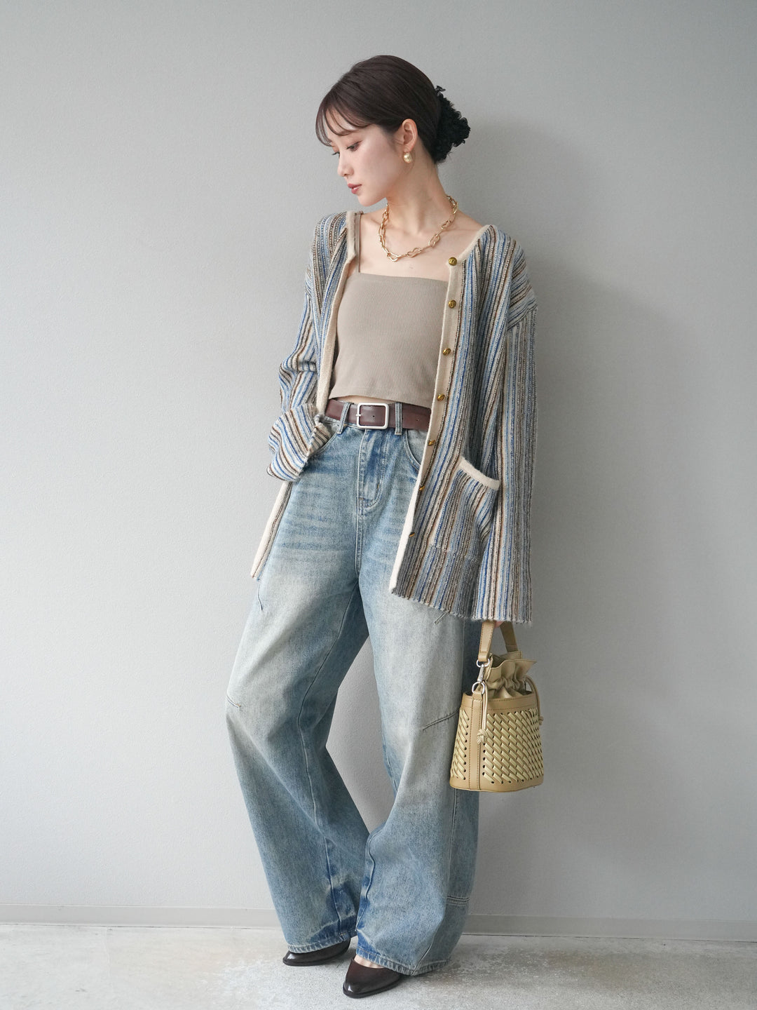 [予約]アンティークボタンストライプニットカーディガン/ivory