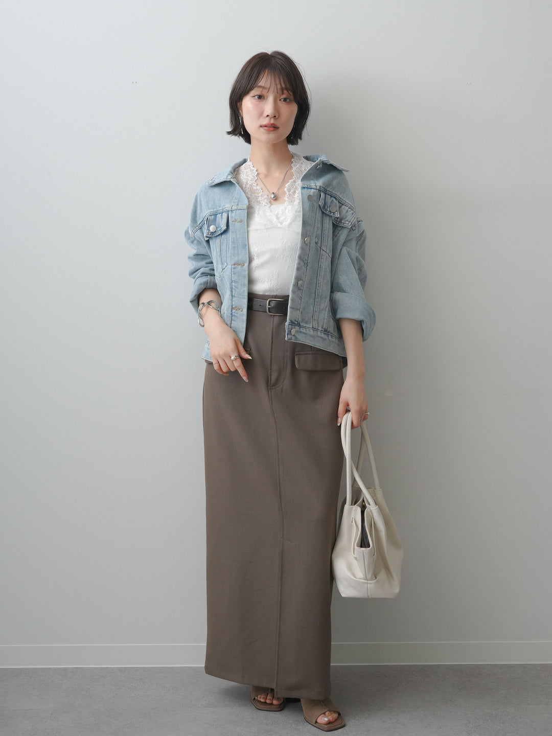[SET]フラップデザインデニムジャケット+クレープデシンフラップ付きストレートスカート(2set)