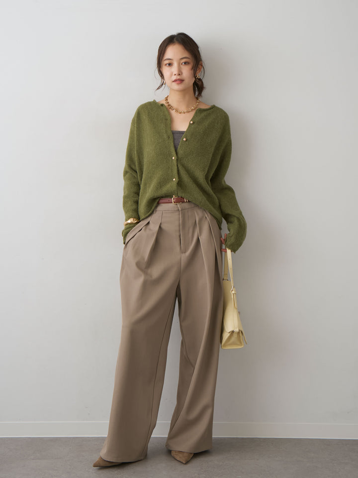 【套裝】金色紐帶針織開襟衫+斜紋褶襉闊腿褲（兩件套）