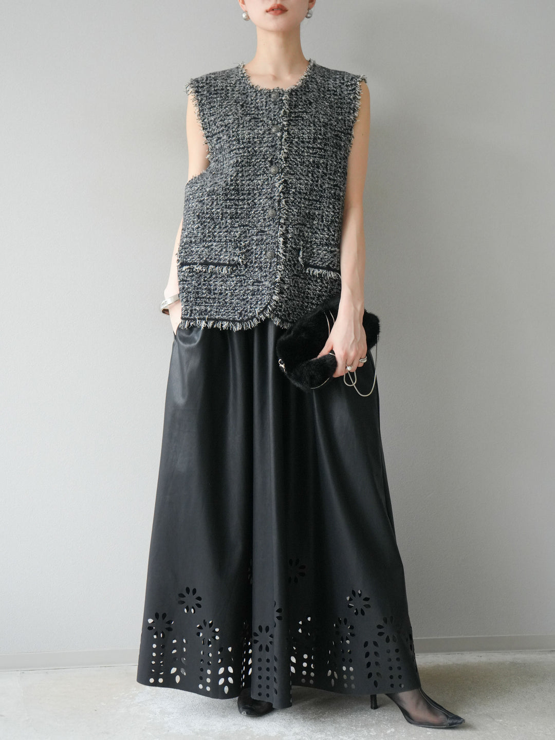 [予約]ミックスツイードフリンジニットベスト/ブラック