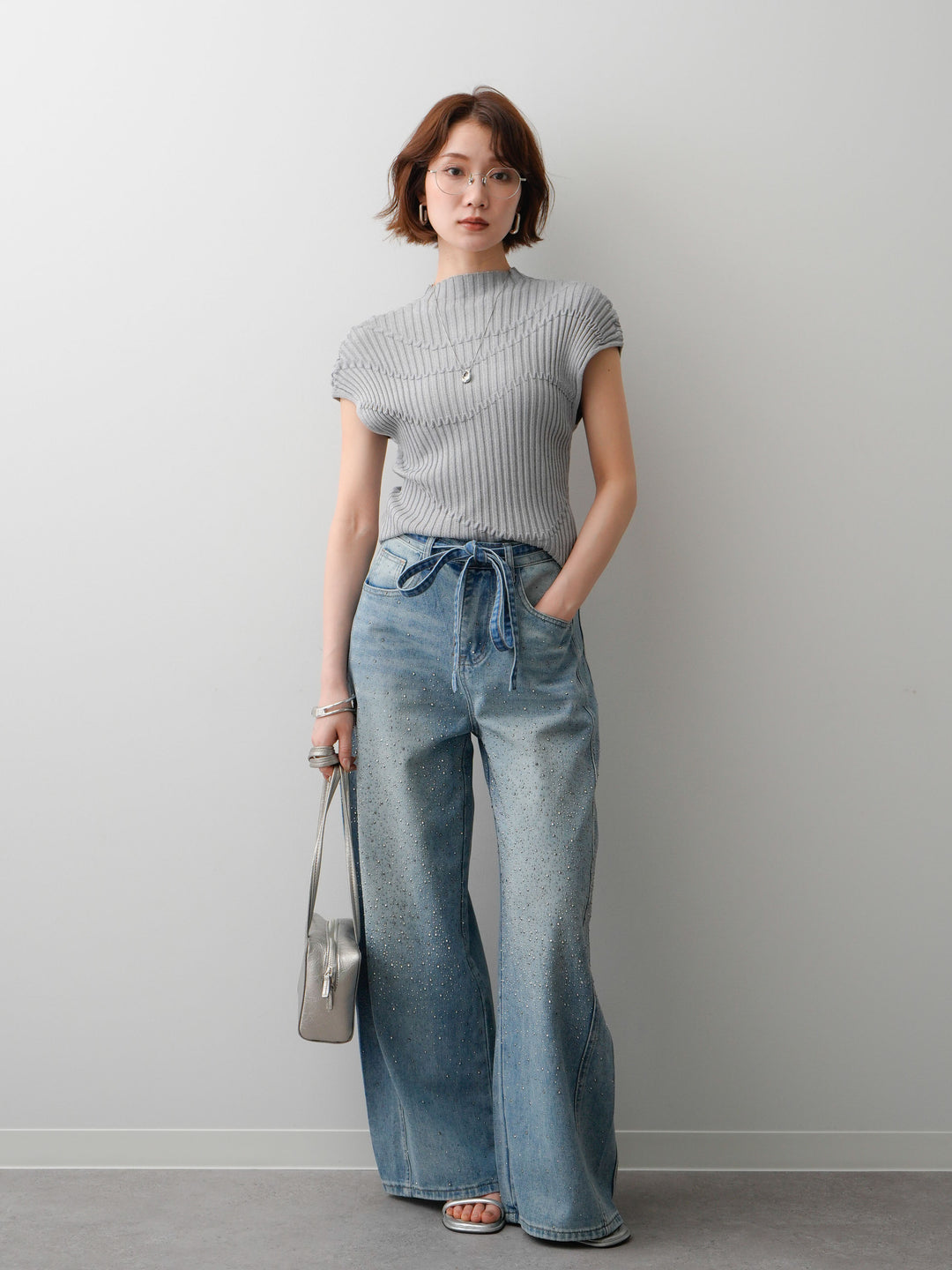 [予約]モードラインリブフレンチニットトップス/gray