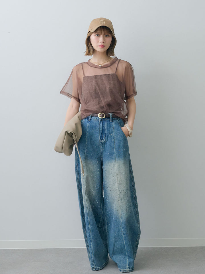 [SET]インナーキャミ付シアーオーバーTEE+フロントビジューカーブデニムパンツ(2set)
