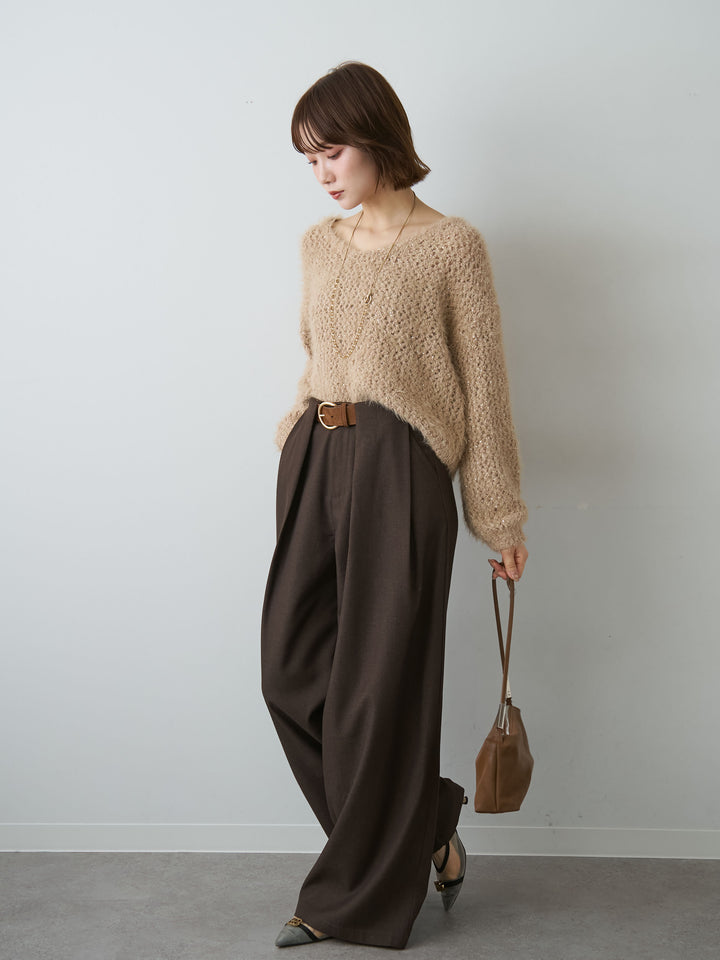 [SET]スパンラメシャギーVネックニットトップス+ニューベルトループワイドパンツ(2set)