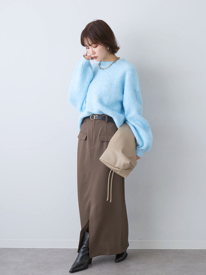 [SET]ソフトシャギーニットプルオーバー+クレープデシンフラップ付きストレートスカート(2set)