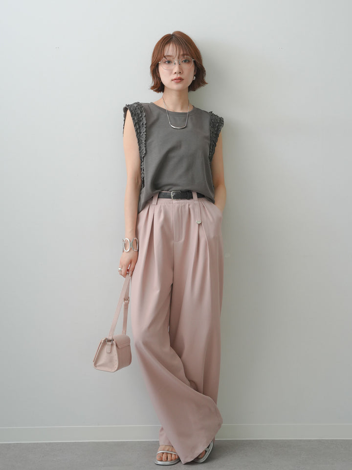 [SET]ホイップフリルフレンチTEE+ベルト付キーホルダーモチーフワイドパンツ(2set)