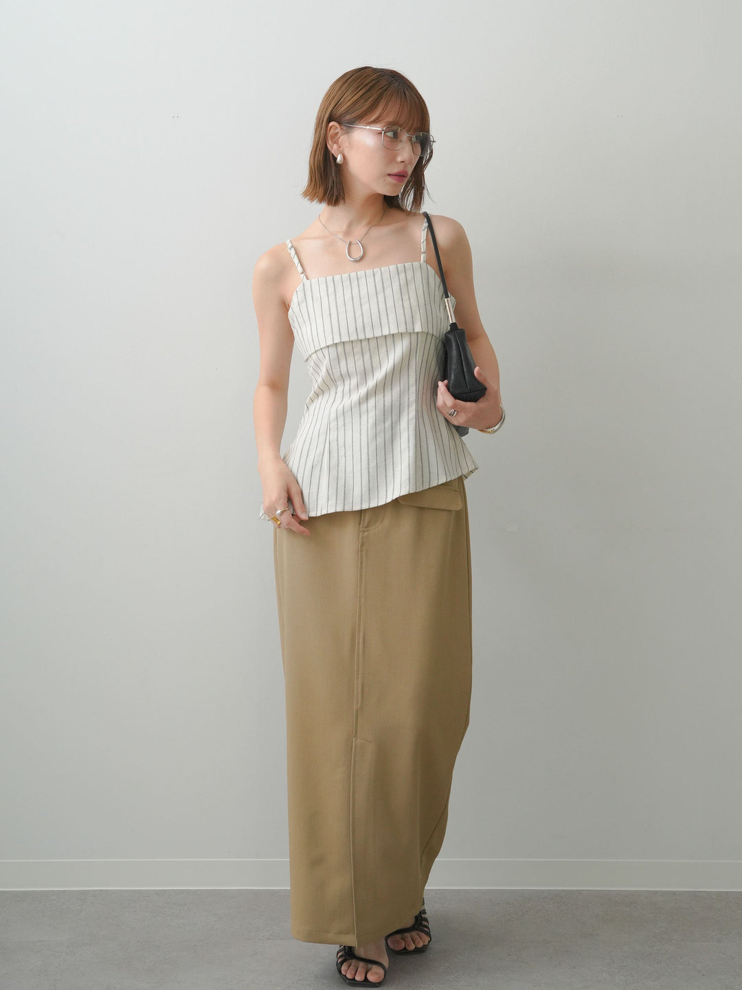 [SET]ストライプアシメキャミソール+クレープデシンフラップ付きストレートスカート(2set)