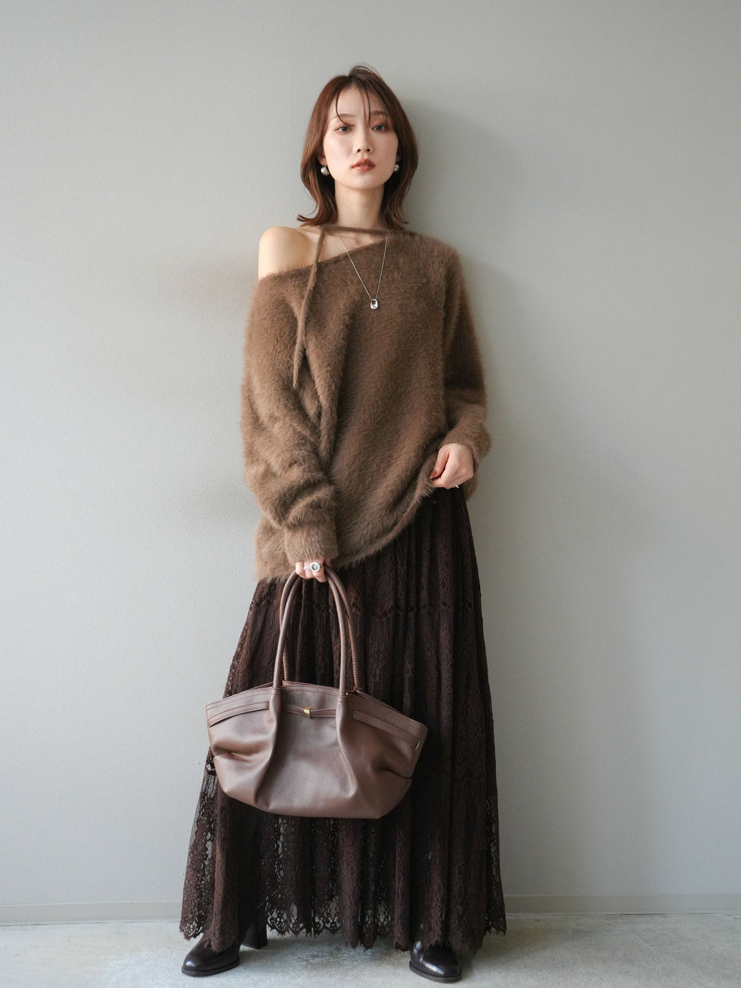 [予約]紐付きシャギーニットプルオーバー/camel