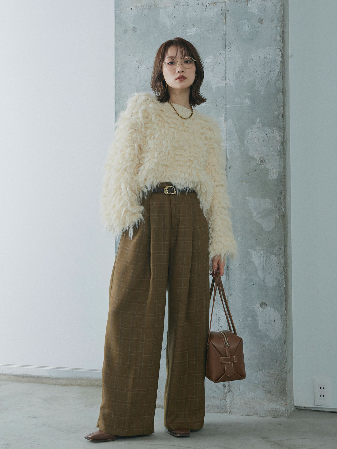 【Allure】[SET]ミックスシャギーループニットプルオーバー+杢チェックタックパンツ(2set)