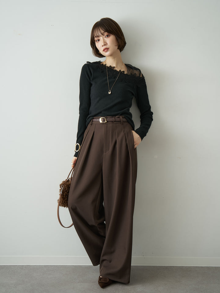 [予約]ショルダーレースアシメスリムニットトップス/black