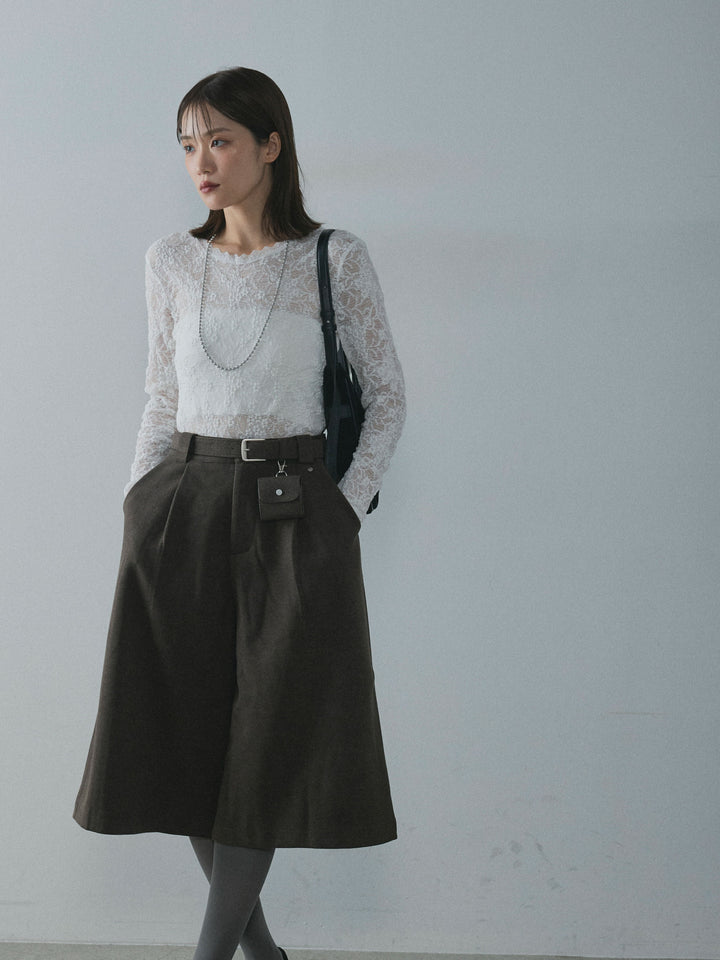 【Allure】[SET]バックオープンレーストップス+ベルト付ウールタッチミディアムパンツ(2set)