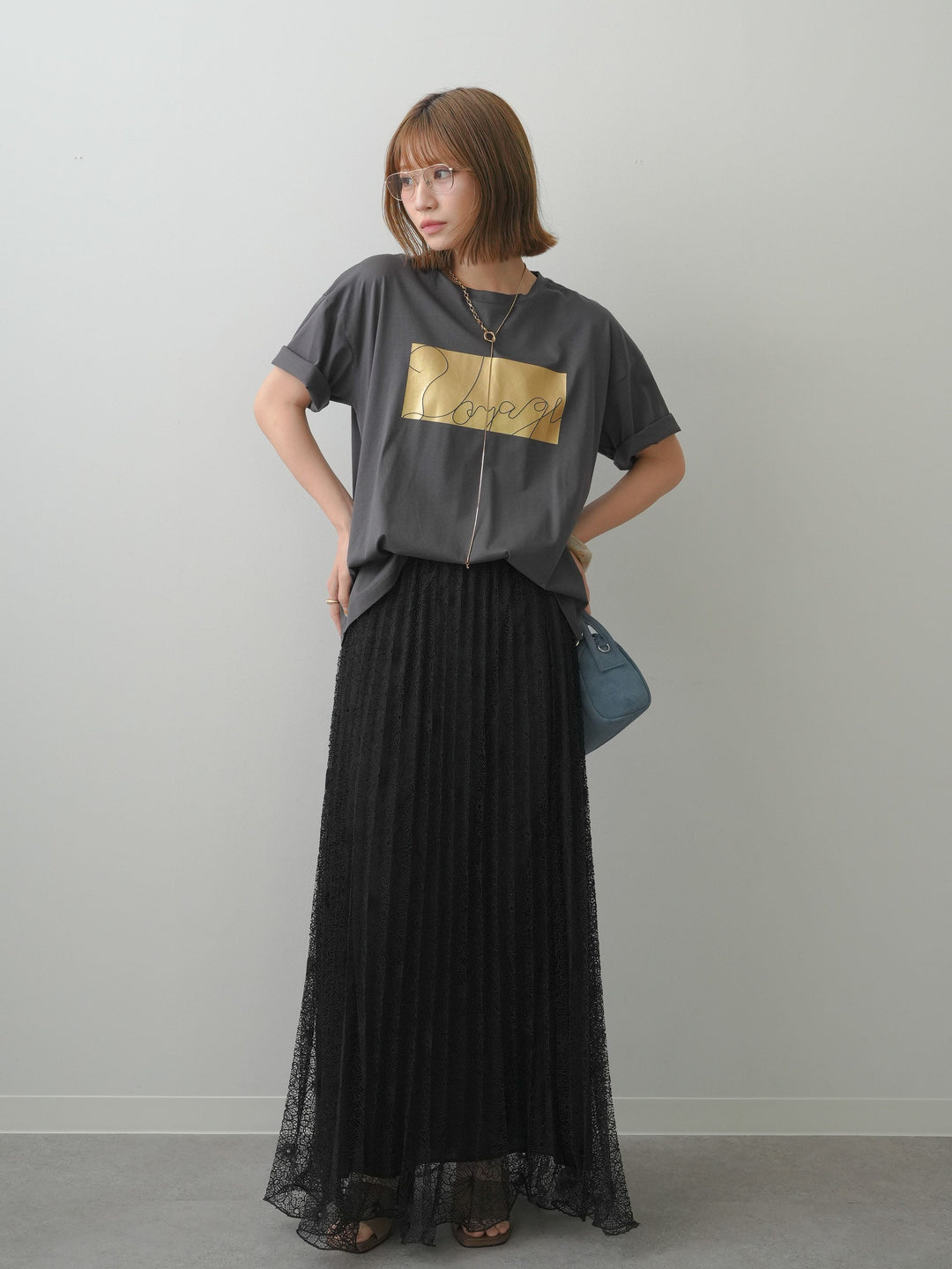 [SET]箔プリントボックスTEE+フローラルレースプリーツスカート(2set)