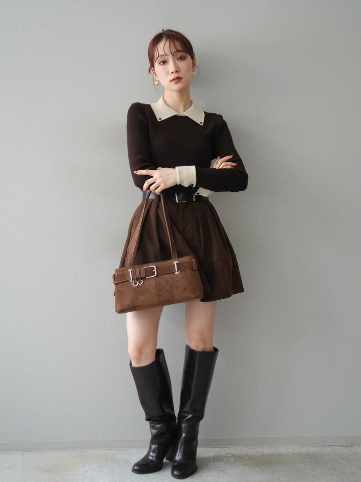 [予約]ニットカフス襟付き配色リブニットトップス/brown